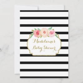 Roze Waterverf Floral Black Stripes Baby shower Kaart