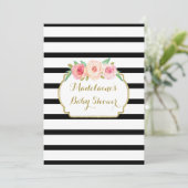 Roze Waterverf Floral Black Stripes Baby shower Kaart (Staand voorkant)