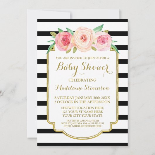 Roze Waterverf Floral Black Stripes Baby shower Kaart (Achterkant)