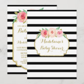 Roze Waterverf Floral Black Stripes Baby shower Kaart (Voorkant / Achterkant)