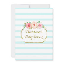 Roze Waterverf Floral Blue Stripes Baby shower