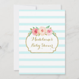 Roze Waterverf Floral Blue Stripes Baby shower Kaart