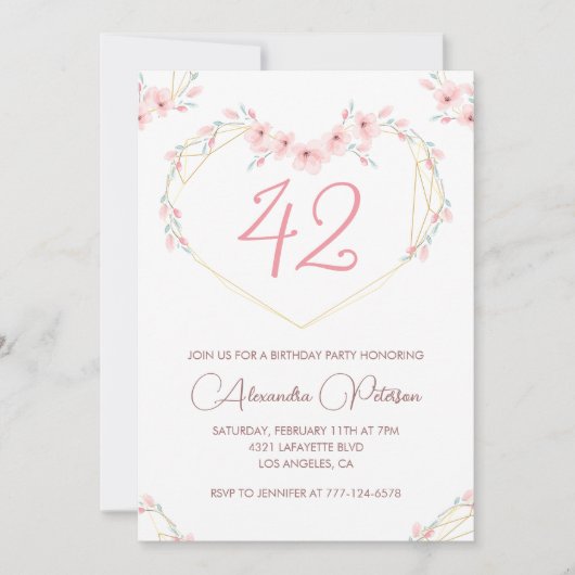 Roze Waterverf Floral Boho 42ste verjaardag Kaart (Voorkant)