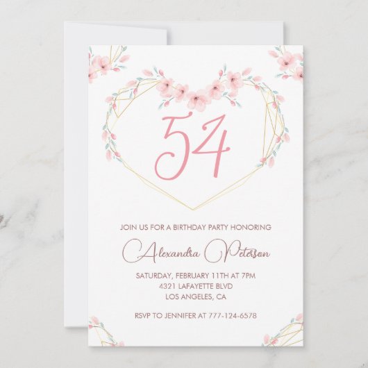 Roze Waterverf Floral Boho 54ste verjaardag Kaart (Voorkant)