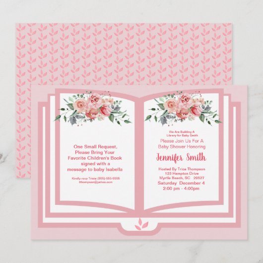 Roze Waterverf Floral Book Theme Baby shower Kaart (Voorkant / Achterkant)