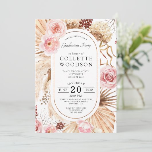 Roze Waterverf Floral Botanische GraduPartij Kaart (Staand voorkant)