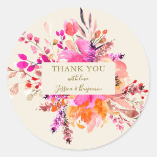 Roze Waterverf Floral Bouquet Wedding Name Custom Ronde Sticker