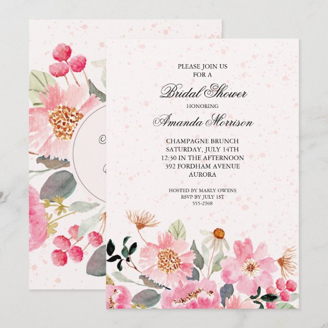 Roze Waterverf Floral Bridal Shower Invitations (Voorkant / Achterkant)