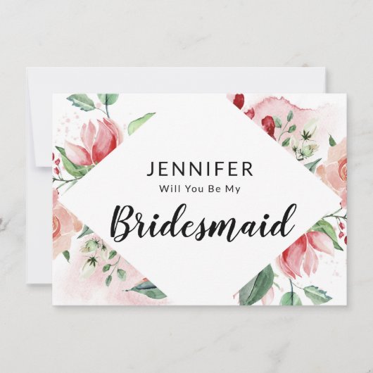 Roze Waterverf Floral Bridesmaid Voorstel Kaart (Voorkant)