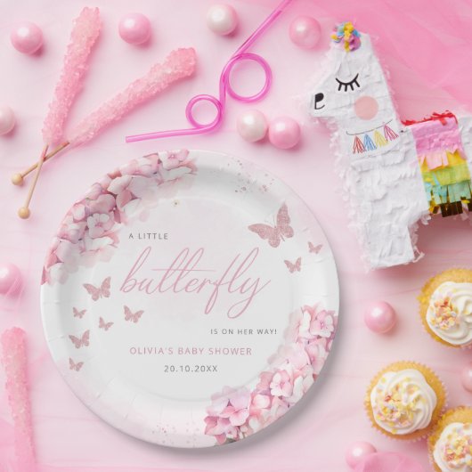 Roze Waterverf Floral Butterfly Girl Baby shower Papieren Bordje (Feest)