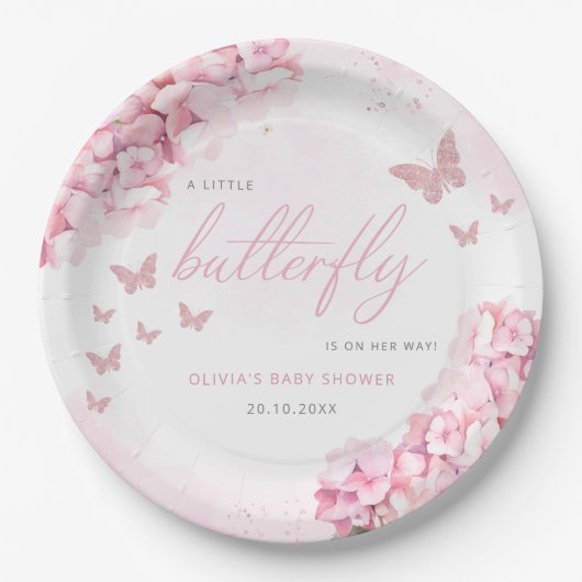 Roze Waterverf Floral Butterfly Girl Baby shower Papieren Bordje (Voorkant)