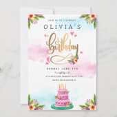 Roze Waterverf Floral Cake Birthday Kaart (Voorkant)