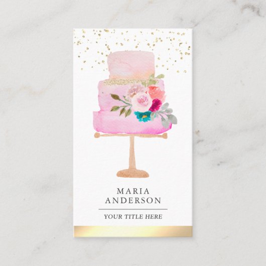 Roze Waterverf Floral Cake Pastry Chef Bakery Visitekaartje (Voorkant)