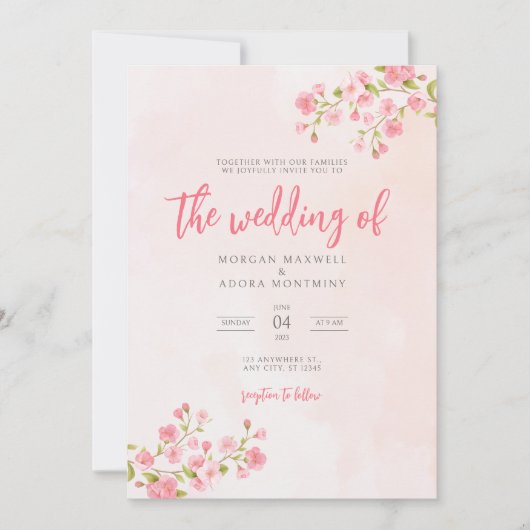 Roze Waterverf Floral Cherry Blossom Wedding Kaart (Voorkant)
