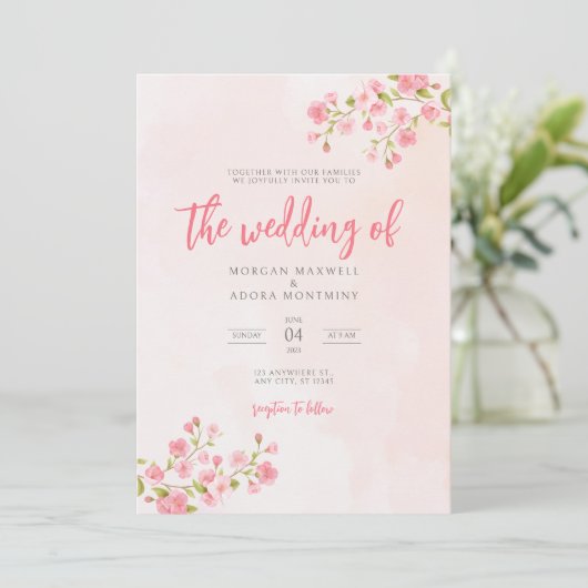 Roze Waterverf Floral Cherry Blossom Wedding Kaart (Staand voorkant)