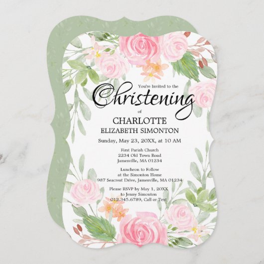 Roze Waterverf Floral Christening Kaart (Voorkant / Achterkant)