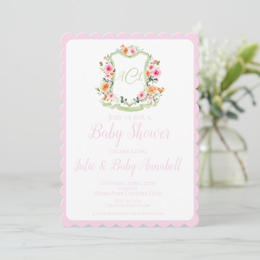 Roze Waterverf Floral Crest Baby shower Invite Kaart (Staand voorkant)