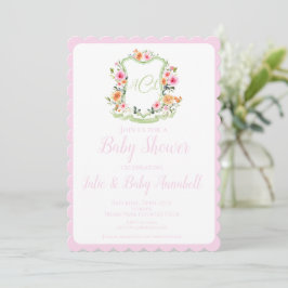 Roze Waterverf Floral Crest Baby shower Invite Kaart