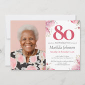 Roze Waterverf Floral Custom Foto 80e Verjaardag Kaart (Voorkant)