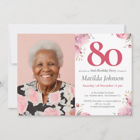 Roze Waterverf Floral Custom Foto 80e Verjaardag Kaart (Voorkant)