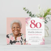 Roze Waterverf Floral Custom Foto 80e Verjaardag Kaart (Staand voorkant)
