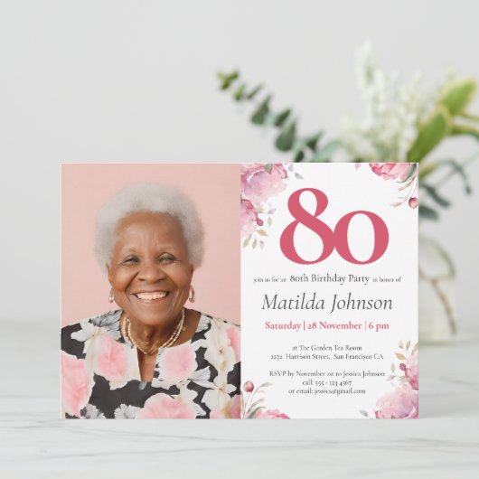 Roze Waterverf Floral Custom Foto 80e Verjaardag Kaart (Staand voorkant)