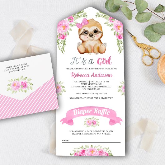 Roze Waterverf Floral Cute Sloth Baby shower All In One Uitnodiging