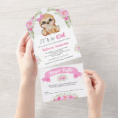 Roze Waterverf Floral Cute Sloth Baby shower All In One Uitnodiging (Afscheurbaar)