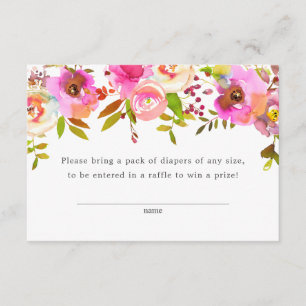 Roze Waterverf Floral Diaper Raffle Ticket, groot Informatiekaartje