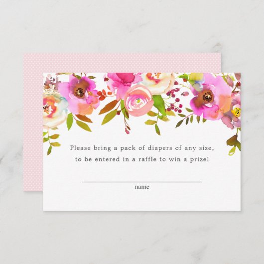 Roze Waterverf Floral Diaper Raffle Ticket, groot Informatiekaartje (Voorkant / Achterkant)