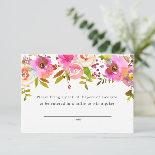 Roze Waterverf Floral Diaper Raffle Ticket, groot Informatiekaartje (Staand voorkant)