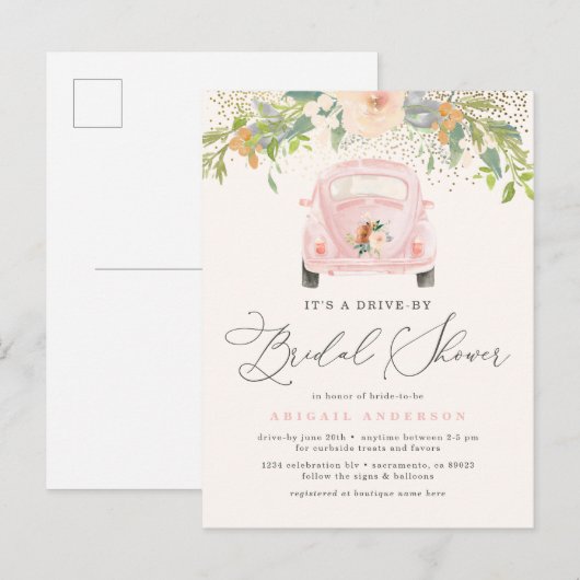 Roze Waterverf - Floral drive by Vrijgezellenfeest Uitnodiging Briefkaart (Voorkant / Achterkant)