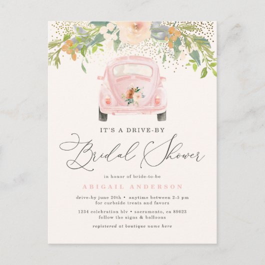 Roze Waterverf - Floral drive by Vrijgezellenfeest Uitnodiging Briefkaart (Voorkant)