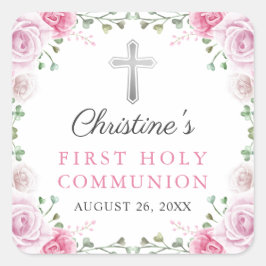 Roze Waterverf Floral Eerste Heilige Communie Vierkante Sticker