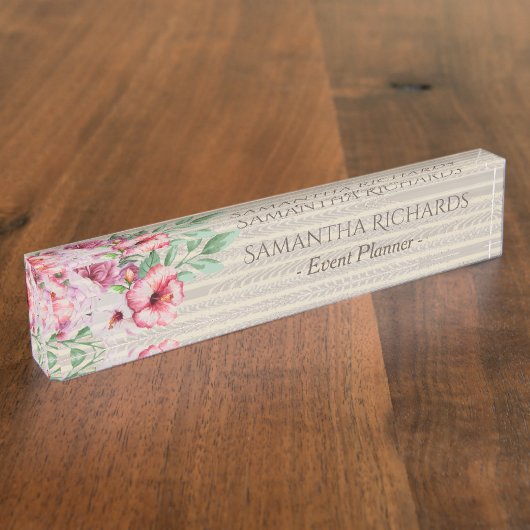 Roze Waterverf Floral Elegant Rustic Personalized Naambordje (Zijkant)