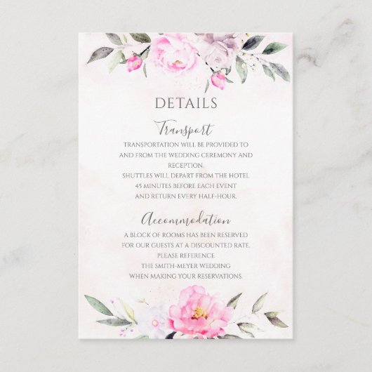 Roze Waterverf Floral Elegant Wedding Details Informatiekaartje (Voorkant)