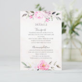 Roze Waterverf Floral Elegant Wedding Details Informatiekaartje (Staand voorkant)