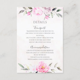 Roze Waterverf Floral Elegant Wedding Details Informatiekaartje