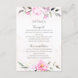 Roze Waterverf Floral Elegant Wedding Details Informatiekaartje