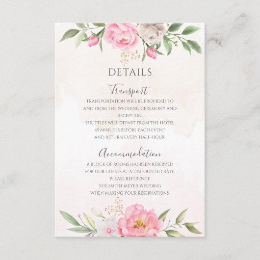 Roze Waterverf Floral Elegant Wedding Details Informatiekaartje (Voorkant)