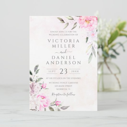 Roze Waterverf Floral Elegant Wedding Kaart (Staand voorkant)