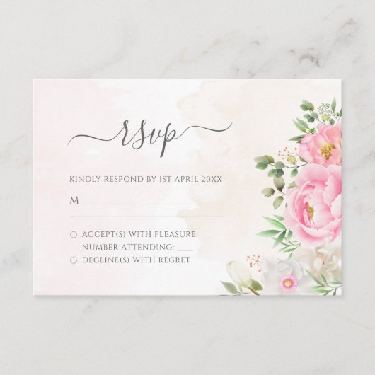 Roze Waterverf Floral Elegant Wedding RSVP Kaartje (Voorkant)