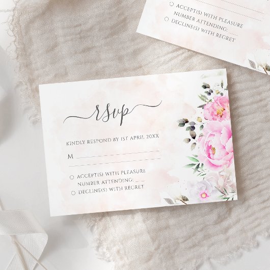 Roze Waterverf Floral Elegant Wedding RSVP Kaartje