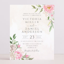 Roze Waterverf Floral Elegant Wedding Uitnodiging