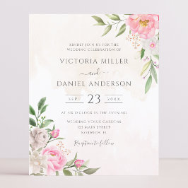 Roze Waterverf Floral Elegant Wedding Uitnodiging