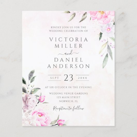 Roze Waterverf Floral Elegant Wedding Uitnodiging (Voorkant)