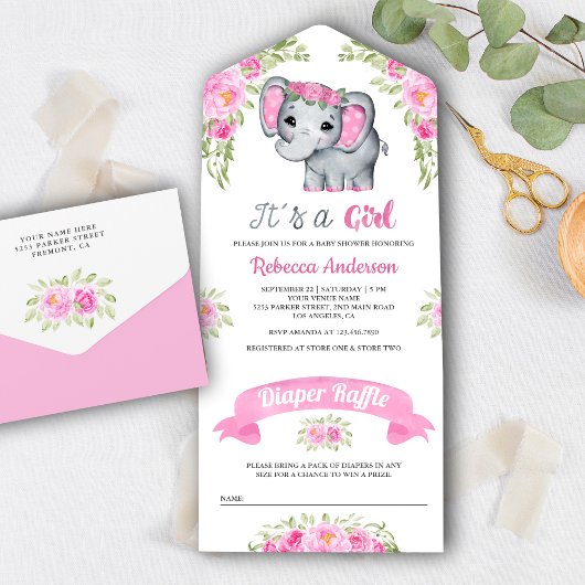 Roze Waterverf Floral Elephant Baby shower All In One Uitnodiging