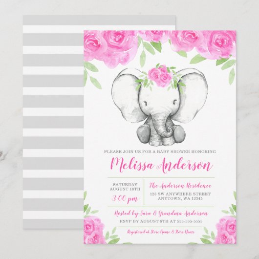 Roze Waterverf Floral Elephant Baby shower Kaart (Voorkant / Achterkant)