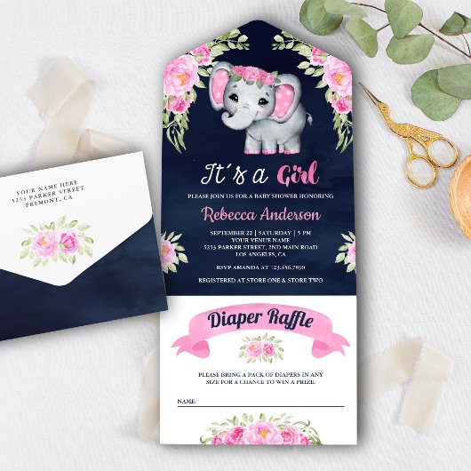 Roze Waterverf Floral Elephant Navy Baby shower All In One Uitnodiging