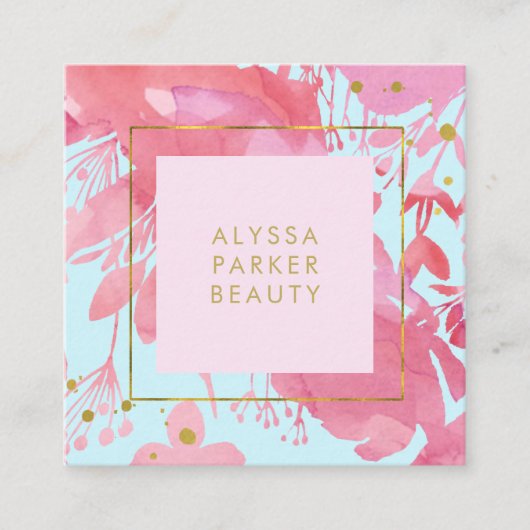 Roze Waterverf Floral en Baby Blue met Gold Vierkante Visitekaartje (Voorkant)